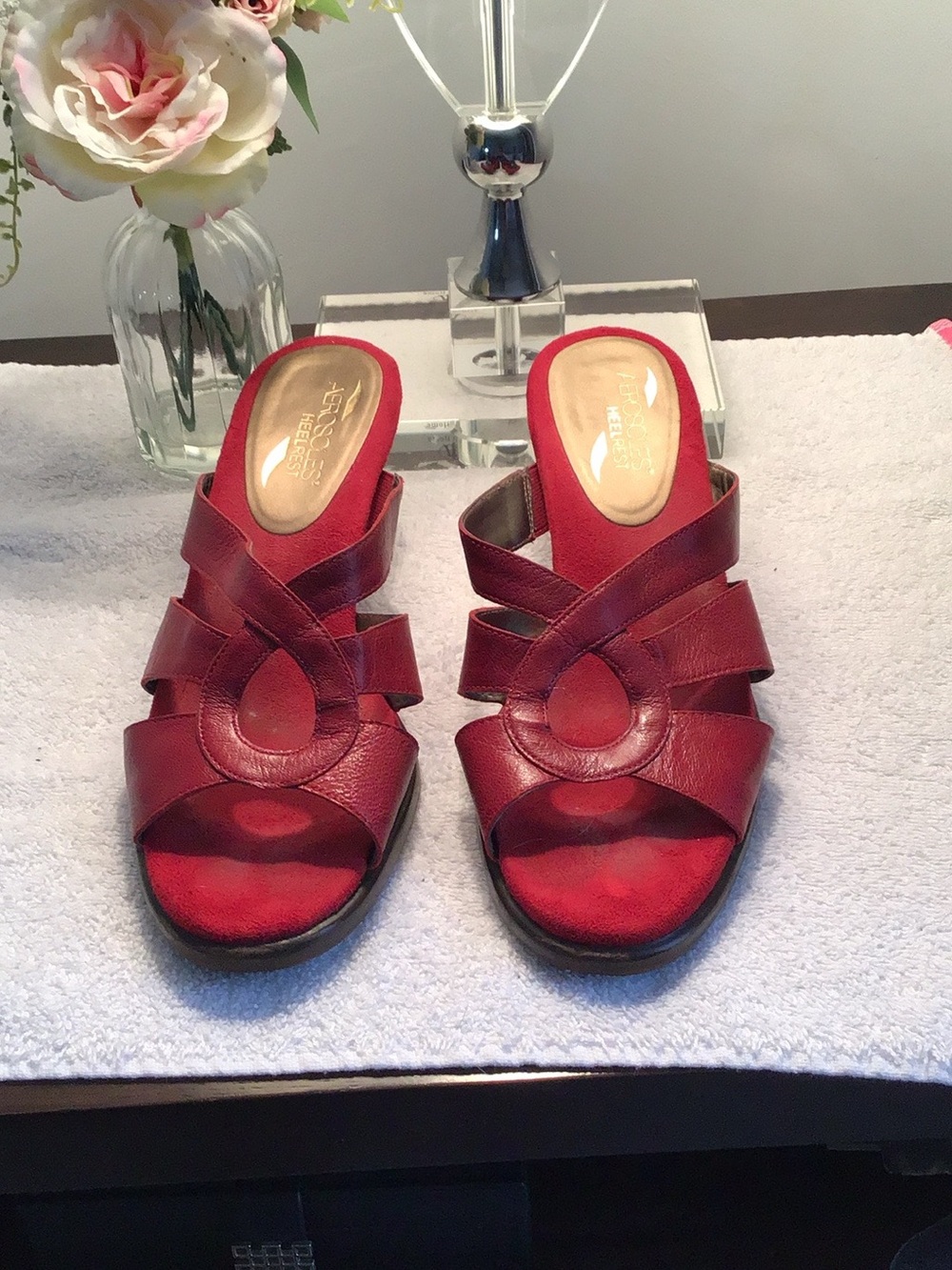 AEROSOLES Red Leather Slip-On Wedge Mules